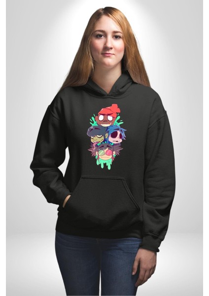Gorillaz Anime Karakter Kadın Erkek Baskılı Üç Iplik Siyah Kapüşonlu Hodie Sweatshirt fırsatları