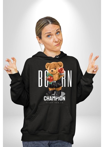 Boks Şampiyonu Oyuncak Ayı Kadın Erkek Baskılı Üç Iplik Siyah Kapüşonlu Hodie Sweatshirt fiyatları