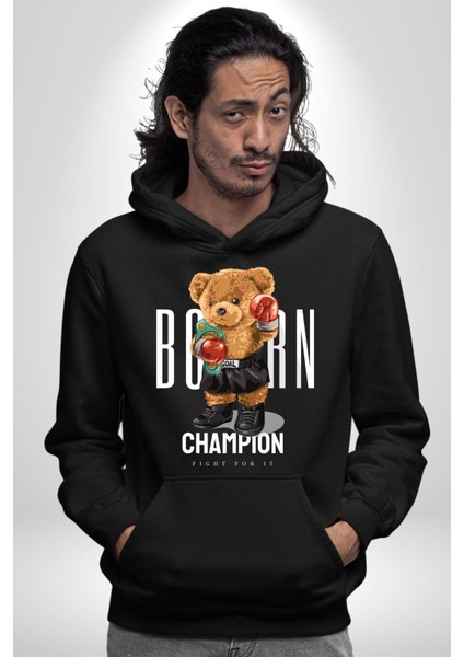Boks Şampiyonu Oyuncak Ayı Kadın Erkek Baskılı Üç Iplik Siyah Kapüşonlu Hodie Sweatshirt modelleri