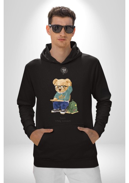 Sadece Meraklı Kal Öğrenci Tatlı Oyuncak Ayı Kadın Erkek Baskılı Üç Iplik Siyah Kapüşonlu Hodie Sweatshirt fırsatları