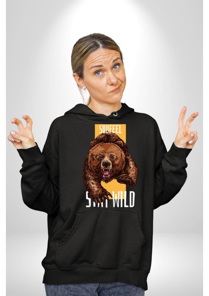 Vahşi Kal Saldırgan Ayı Kadın Erkek Baskılı Üç Iplik Siyah Kapüşonlu Hodie Sweatshirt