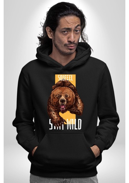 Vahşi Kal Saldırgan Ayı Kadın Erkek Baskılı Üç Iplik Siyah Kapüşonlu Hodie Sweatshirt fiyatları