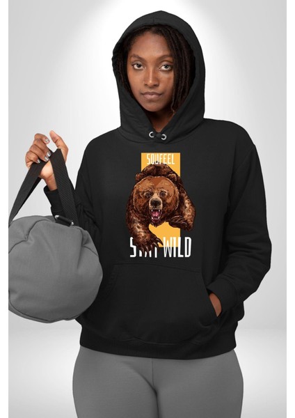 Vahşi Kal Saldırgan Ayı Kadın Erkek Baskılı Üç Iplik Siyah Kapüşonlu Hodie Sweatshirt modelleri