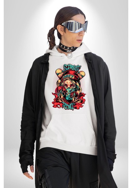 Sokak Tarzı Grafiti Kadın Kadın Erkek Baskılı Üç Iplik Beyaz Kapüşonlu Hodie Sweatshirt