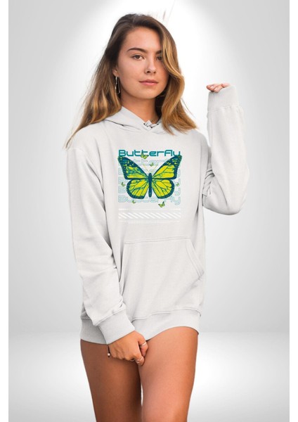 Kelebek Sokak Tarzı Kadın Erkek Baskılı Üç Iplik Beyaz Kapüşonlu Hodie Sweatshirt