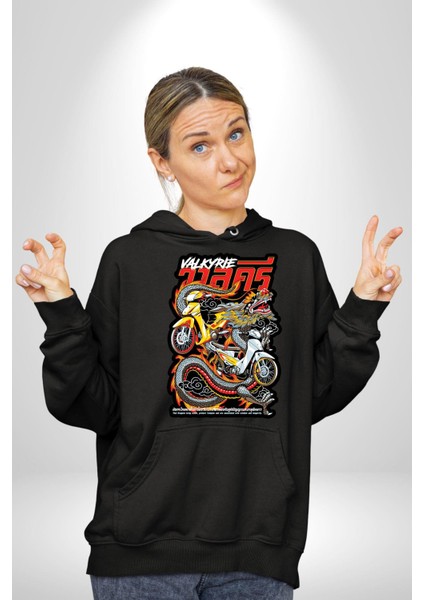 Motorcu Çetesi Çin Ejderhası Kadın Erkek Baskılı Üç Iplik Siyah Kapüşonlu Hodie Sweatshirt