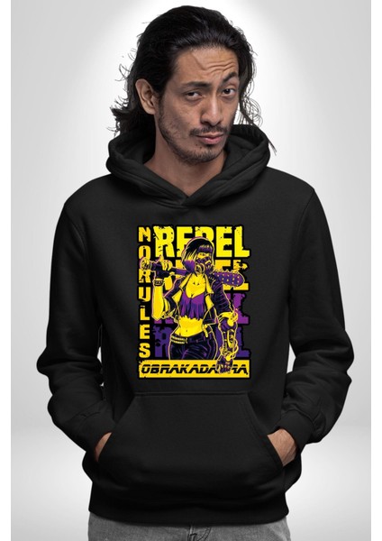 Isyancı Havalı Kadın Kadın Erkek Baskılı Üç Iplik Siyah Kapüşonlu Hodie Sweatshirt