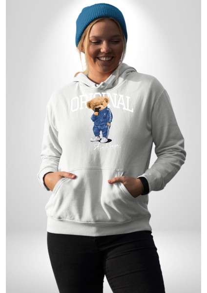 Orijinal Sokak Tarzı Oyuncak Ayı Kadın Erkek Baskılı Üç Iplik Beyaz Kapüşonlu Hodie Sweatshirt modelleri