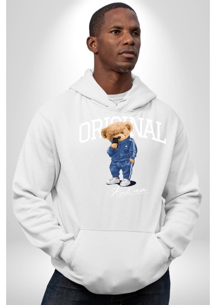 Orijinal Sokak Tarzı Oyuncak Ayı Kadın Erkek Baskılı Üç Iplik Beyaz Kapüşonlu Hodie Sweatshirt fırsatları