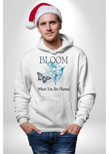 Karakalem Kelebek Açan Çiçek Kadın Erkek Baskılı Üç Iplik Beyaz Kapüşonlu Hodie Sweatshirt