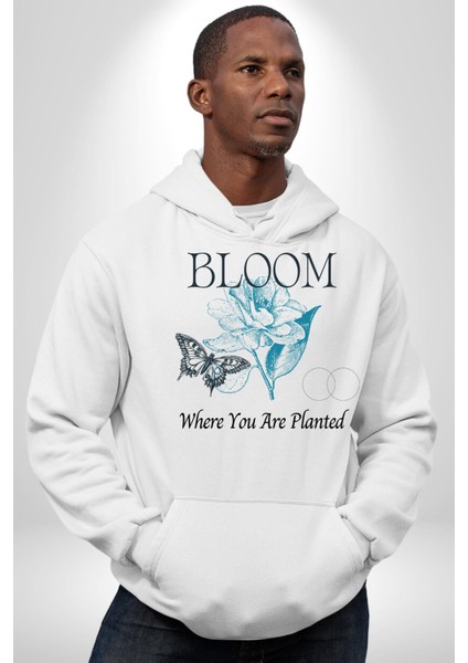 Karakalem Kelebek Açan Çiçek Kadın Erkek Baskılı Üç Iplik Beyaz Kapüşonlu Hodie Sweatshirt modelleri