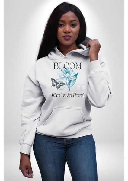 Karakalem Kelebek Açan Çiçek Kadın Erkek Baskılı Üç Iplik Beyaz Kapüşonlu Hodie Sweatshirt indirimleri