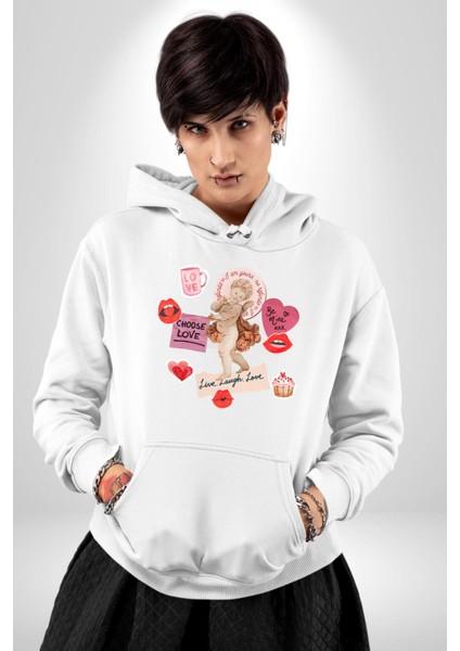 Aşkı Seç Heykel Aşk Meleği Kadın Erkek Baskılı Üç Iplik Beyaz Kapüşonlu Hodie Sweatshirt fiyatları