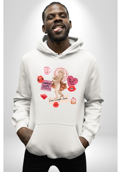 Aşkı Seç Heykel Aşk Meleği Kadın Erkek Baskılı Üç Iplik Beyaz Kapüşonlu Hodie Sweatshirt modelleri