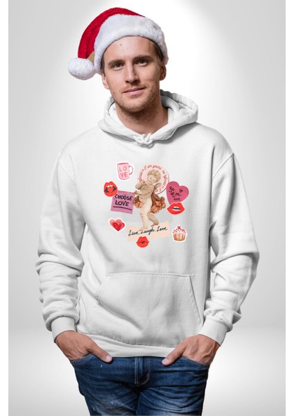 Aşkı Seç Heykel Aşk Meleği Kadın Erkek Baskılı Üç Iplik Beyaz Kapüşonlu Hodie Sweatshirt indirimleri