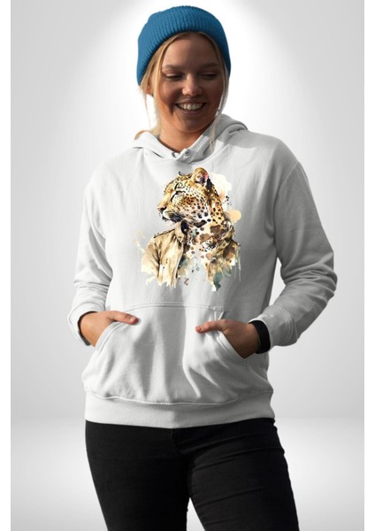 Tarz Leopar Ceketli Çizim Kadın Erkek Baskılı Üç Iplik Beyaz Kapüşonlu Hodie Sweatshirt