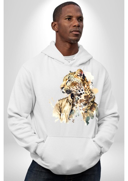 Tarz Leopar Ceketli Çizim Kadın Erkek Baskılı Üç Iplik Beyaz Kapüşonlu Hodie Sweatshirt fiyatları