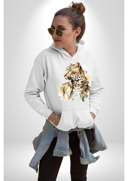 Tarz Leopar Ceketli Çizim Kadın Erkek Baskılı Üç Iplik Beyaz Kapüşonlu Hodie Sweatshirt modelleri