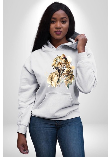 Tarz Leopar Ceketli Çizim Kadın Erkek Baskılı Üç Iplik Beyaz Kapüşonlu Hodie Sweatshirt fırsatları