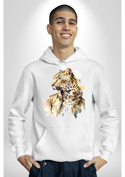 Tarz Leopar Ceketli Çizim Kadın Erkek Baskılı Üç Iplik Beyaz Kapüşonlu Hodie Sweatshirt indirimleri