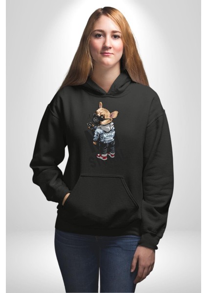 Sinyal Yok Pug Sokak Tarzı Köpek Kadın Erkek Baskılı Üç Iplik Siyah Kapüşonlu Hodie Sweatshirt