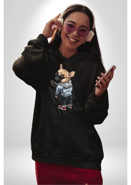 Sinyal Yok Pug Sokak Tarzı Köpek Kadın Erkek Baskılı Üç Iplik Siyah Kapüşonlu Hodie Sweatshirt