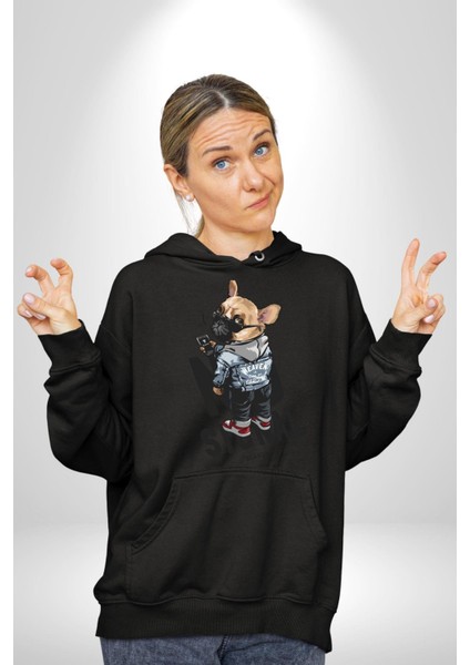Sinyal Yok Pug Sokak Tarzı Köpek Kadın Erkek Baskılı Üç Iplik Siyah Kapüşonlu Hodie Sweatshirt