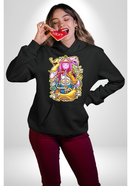 Adventure Time Finn ve Jack Kadın Erkek Baskılı Üç Iplik Siyah Kapüşonlu Hodie Sweatshirt