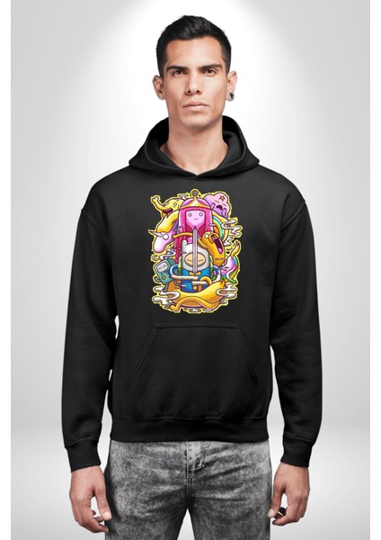 Adventure Time Finn ve Jack Kadın Erkek Baskılı Üç Iplik Siyah Kapüşonlu Hodie Sweatshirt modelleri