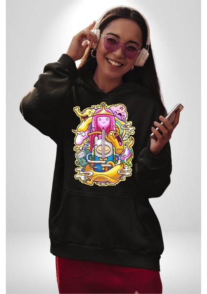 Adventure Time Finn ve Jack Kadın Erkek Baskılı Üç Iplik Siyah Kapüşonlu Hodie Sweatshirt indirimleri