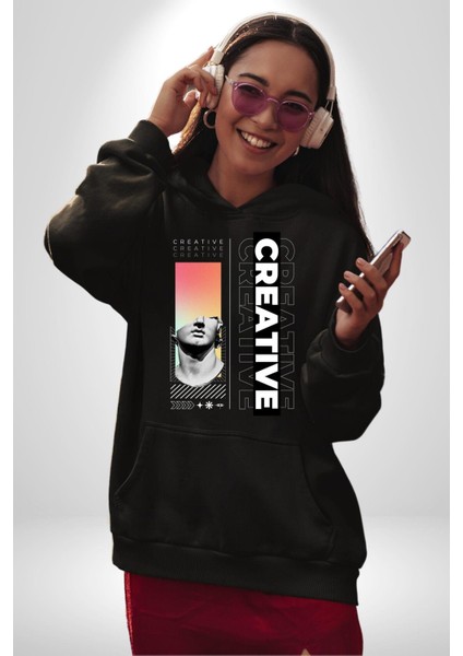 Yaratıcı Yunan Heykeli Kadın Erkek Baskılı Üç Iplik Siyah Kapüşonlu Hodie Sweatshirt indirimleri