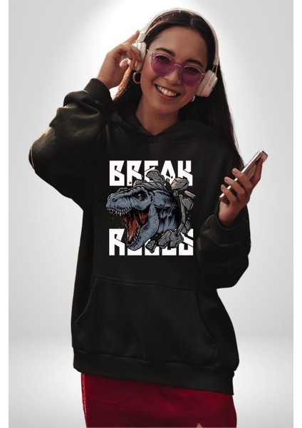 Dinozor Duvardan Çıkan Trex Eski Çağ Kadın Erkek Baskılı Üç Iplik Siyah Kapüşonlu Hodie Sweatshirt fiyatları