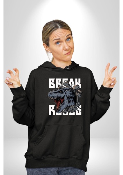 Dinozor Duvardan Çıkan Trex Eski Çağ Kadın Erkek Baskılı Üç Iplik Siyah Kapüşonlu Hodie Sweatshirt modelleri