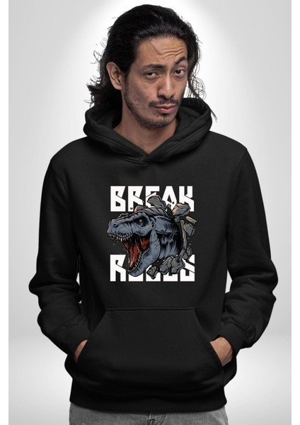 Dinozor Duvardan Çıkan Trex Eski Çağ Kadın Erkek Baskılı Üç Iplik Siyah Kapüşonlu Hodie Sweatshirt fırsatları