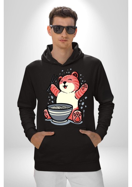Noodle Yiyen Tatlı Kaplan Kadın Erkek Baskılı Üç Iplik Siyah Kapüşonlu Hodie Sweatshirt fiyatları