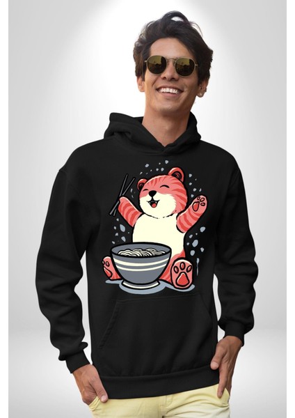 Noodle Yiyen Tatlı Kaplan Kadın Erkek Baskılı Üç Iplik Siyah Kapüşonlu Hodie Sweatshirt modelleri
