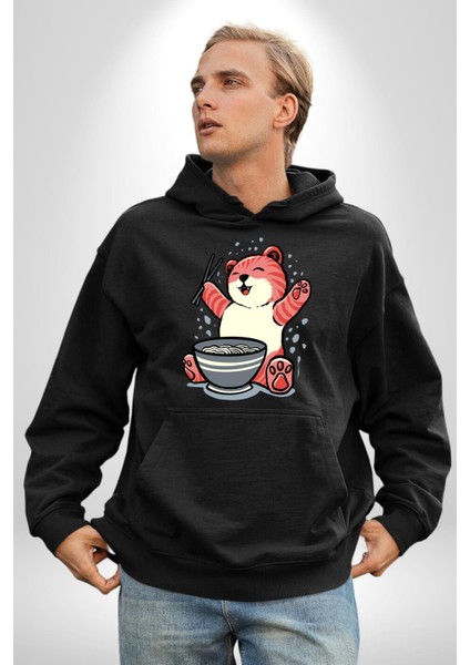 Noodle Yiyen Tatlı Kaplan Kadın Erkek Baskılı Üç Iplik Siyah Kapüşonlu Hodie Sweatshirt indirimleri