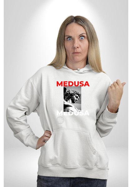 Medusa Yunan Heykeli Kadın Erkek Baskılı Üç Iplik Beyaz Kapüşonlu Hodie Sweatshirt fiyatları