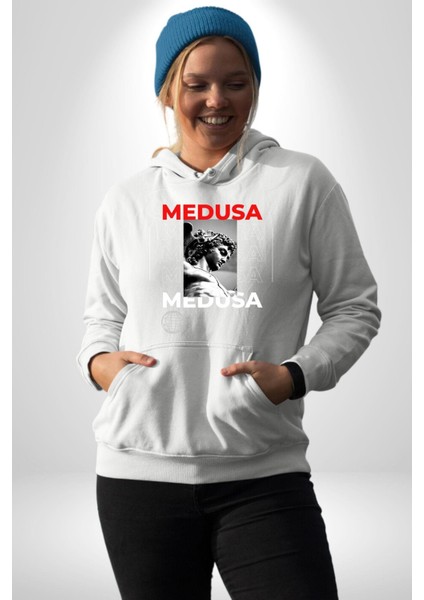 Medusa Yunan Heykeli Kadın Erkek Baskılı Üç Iplik Beyaz Kapüşonlu Hodie Sweatshirt fırsatları