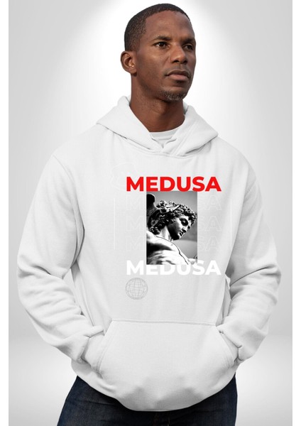 Medusa Yunan Heykeli Kadın Erkek Baskılı Üç Iplik Beyaz Kapüşonlu Hodie Sweatshirt indirimleri