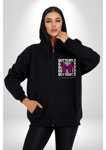Aşk Kelebek Gibidir Sokak Tarzı Kadın Erkek Baskılı Fermuarlı Kapüşonlu Hırka Sweatshirt