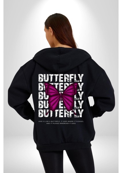 Aşk Kelebek Gibidir Sokak Tarzı Kadın Erkek Baskılı Fermuarlı Kapüşonlu Hırka Sweatshirt