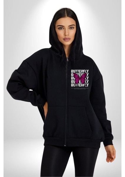 Aşk Kelebek Gibidir Sokak Tarzı Kadın Erkek Baskılı Fermuarlı Kapüşonlu Hırka Sweatshirt
