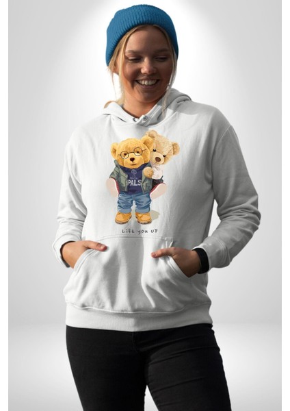 Tatlı Sevgililer Günü Oyuncak Ayı Kadın Erkek Baskılı Üç Iplik Beyaz Kapüşonlu Hodie Sweatshirt