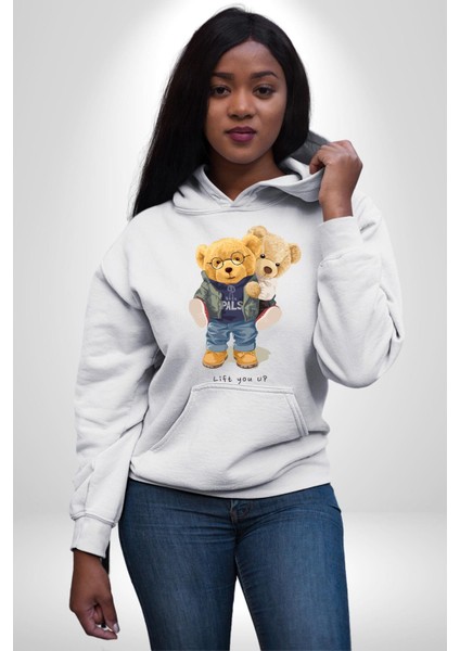 Tatlı Sevgililer Günü Oyuncak Ayı Kadın Erkek Baskılı Üç Iplik Beyaz Kapüşonlu Hodie Sweatshirt fırsatları