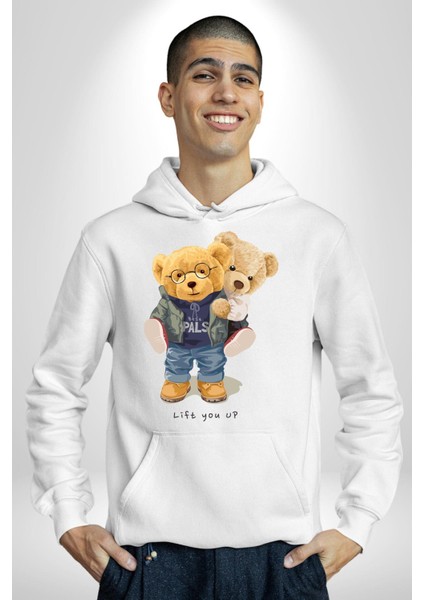 Tatlı Sevgililer Günü Oyuncak Ayı Kadın Erkek Baskılı Üç Iplik Beyaz Kapüşonlu Hodie Sweatshirt indirimleri