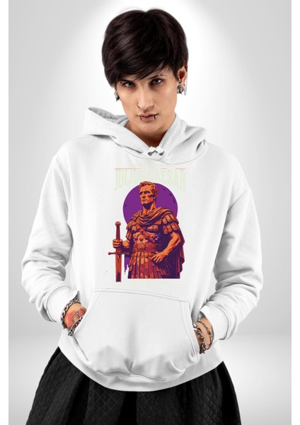 Julius Caesar Roma Diktatör Komutan Kadın Erkek Baskılı Üç Iplik Beyaz Kapüşonlu Hodie Sweatshirt indirimleri