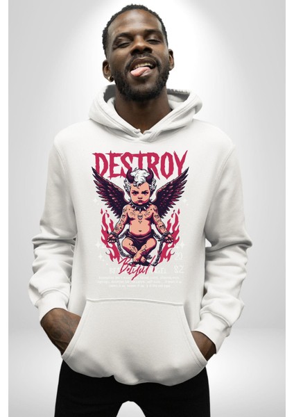 Punk Hayatı Kuru Kafa Kadın Erkek Baskılı Üç Iplik Beyaz Kapüşonlu Hodie Sweatshirt fiyatları