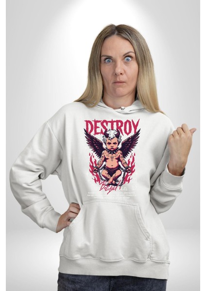 Punk Hayatı Kuru Kafa Kadın Erkek Baskılı Üç Iplik Beyaz Kapüşonlu Hodie Sweatshirt modelleri