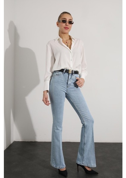 Kadın Kar Mavi Ispanyol Paça Kot Pantolon Flare Jeans ( Yüksek Bel )